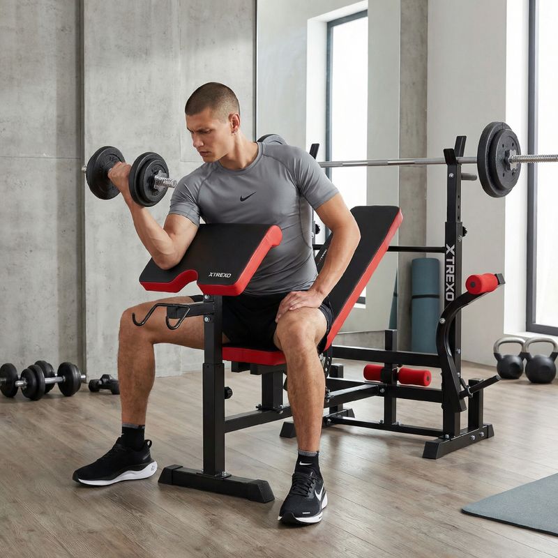 Ławka treningowa XTREXO BenchFit Max ze stojakiem i modlitewnikiem czarny 7